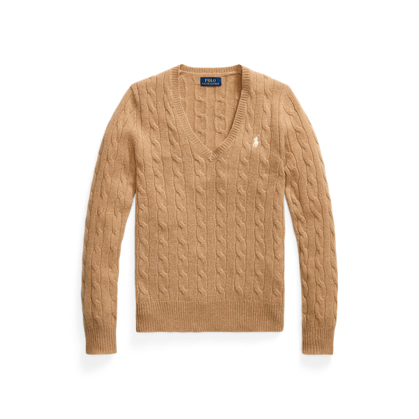 Wollen-kasjmier kabeltrui met V-hals Polo Ralph Lauren in Collection camel melange 2