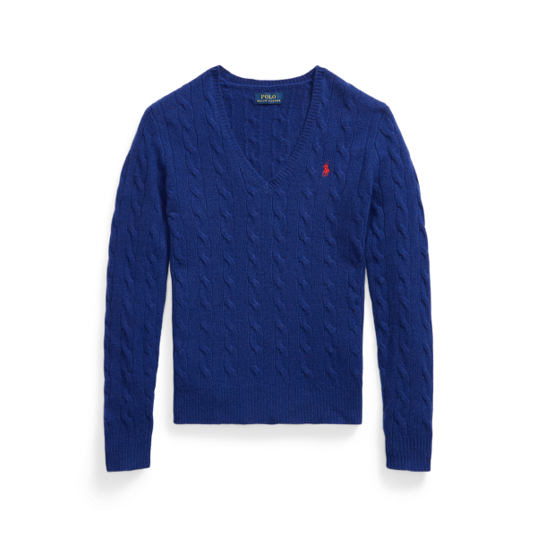 Pull col en&nbsp;V torsad&eacute; laine et cachemire Polo Ralph Lauren en Bleu nuit hivernal 1