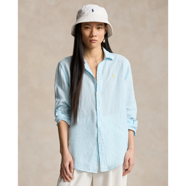 Turquoise/White Relaxed Fit Striped Linen Shirt Polo Ralph Lauren 1