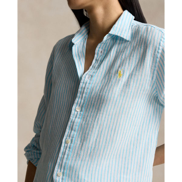 Turquoise/White Relaxed Fit Striped Linen Shirt Polo Ralph Lauren 6