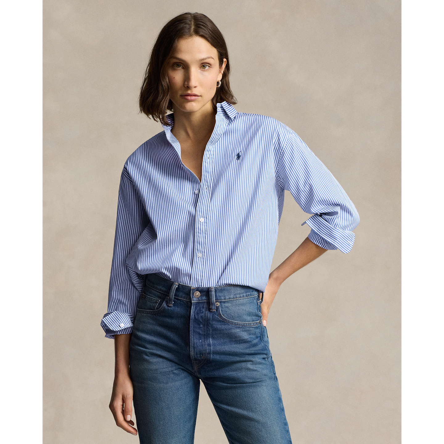 Женская рубашка Ralph Lauren Relaxed Fit Striped Cotton, цвет: Синий / Белый — фото 4