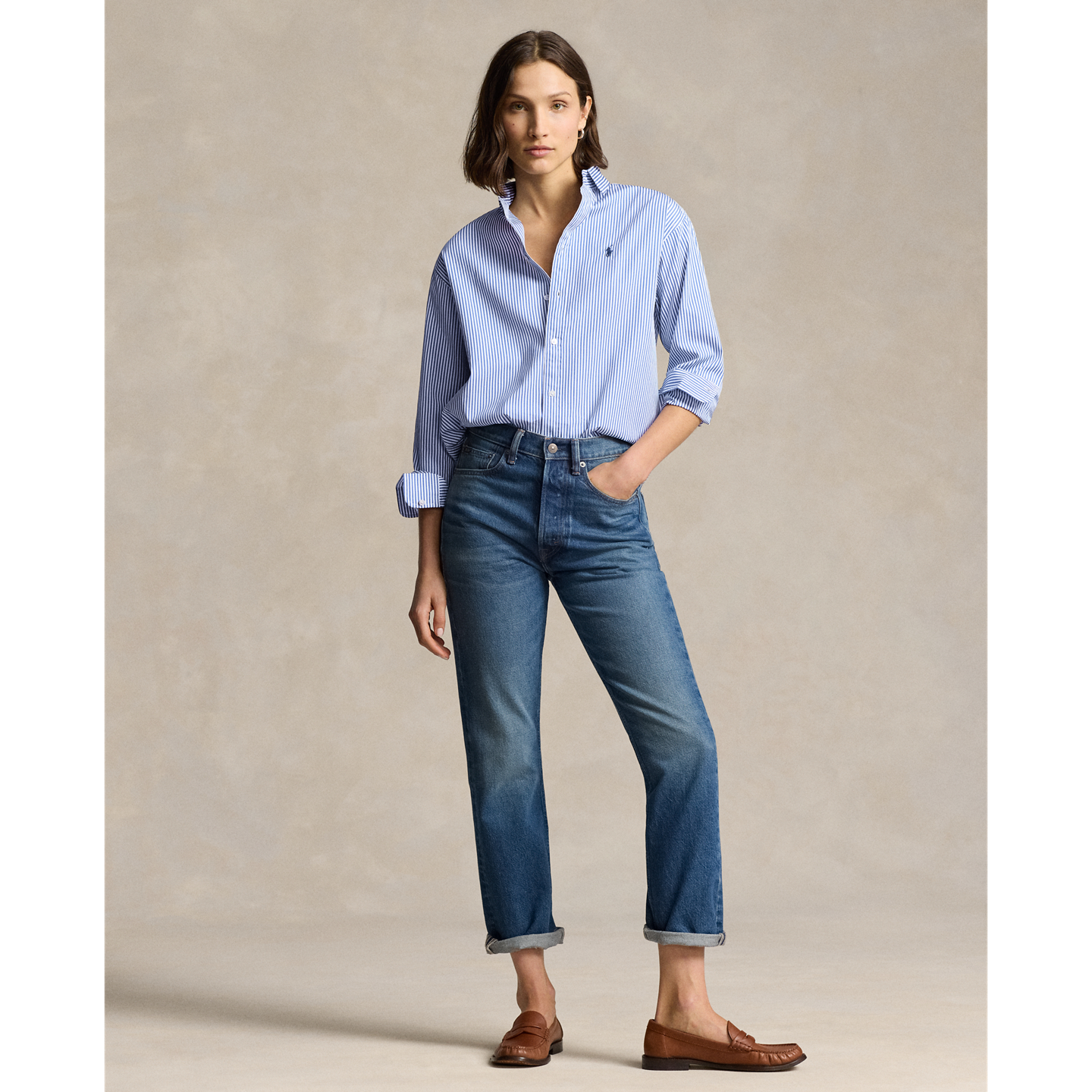 Женская рубашка Ralph Lauren Relaxed Fit Striped Cotton, цвет: Синий / Белый — фото 1