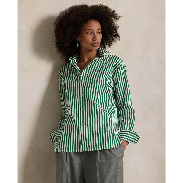 売れ筋商品|||ラルフローレン カットソー トップス レディース Women's Classic-Fit Striped Linen Shirt Green/White Classic Fit Striped Linen Shirt