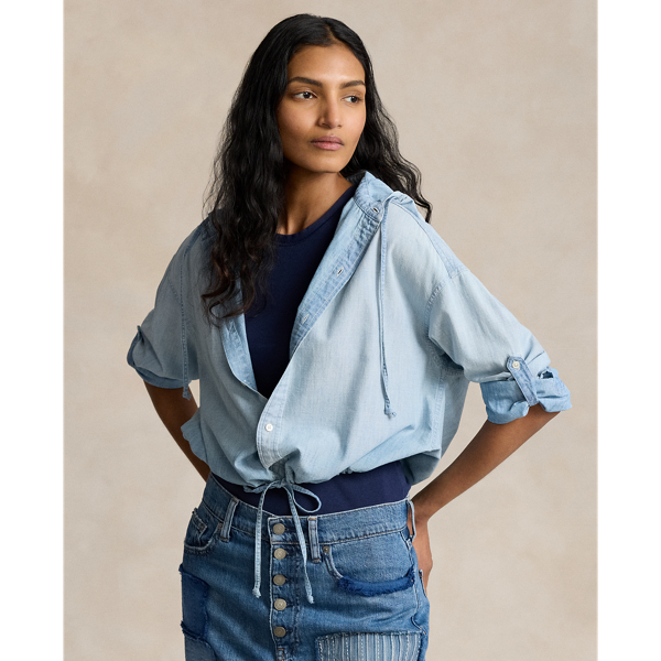 Drawstring Chambray Hooded Shirt