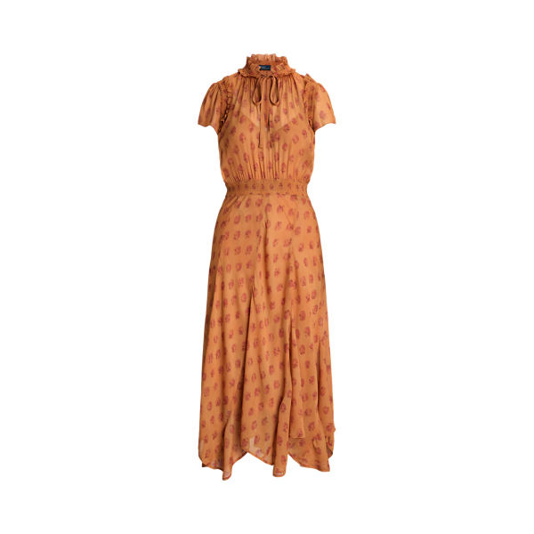 Block-Print Georgette Tie-Neck Dress Polo Ralph Lauren 1