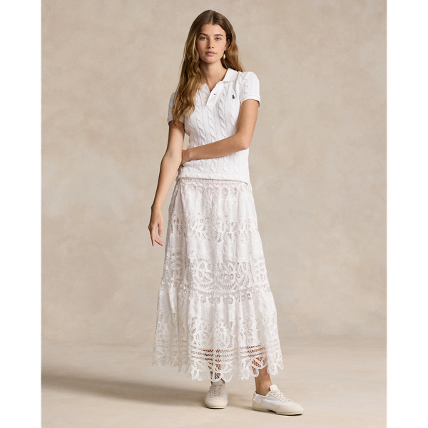 Battenberg-Lace Linen Midi Skirt