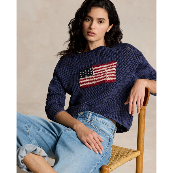 Blue Multi Flag Pointelle Cotton-Linen Sweater Polo Ralph Lauren 1