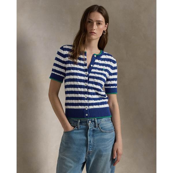 Striped Cable Knit Short Sleeve Cardigan for Women Ralph Lauren GE