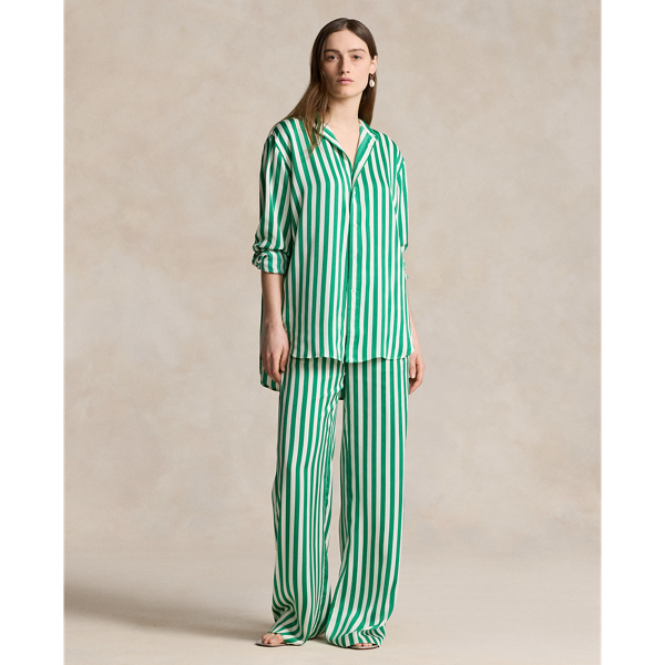 Green Awning Stripe Striped Silk Wide-Leg Pant Polo Ralph Lauren 1