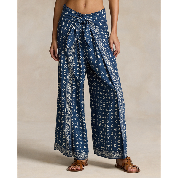 Floral Twill Wide-Leg Wrap Pant