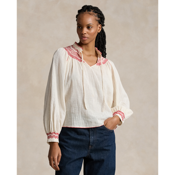 Tie-Neck Cotton-Linen Gauze Blouse