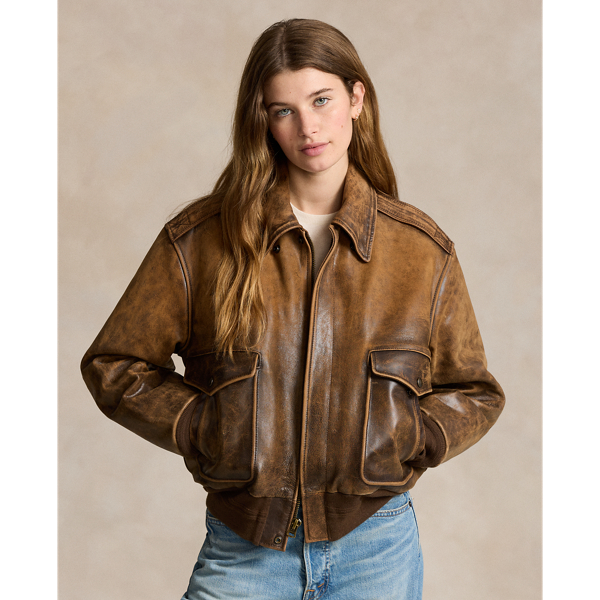 Autumn Brown Burnished Leather Bomber Jacket Polo Ralph Lauren 1