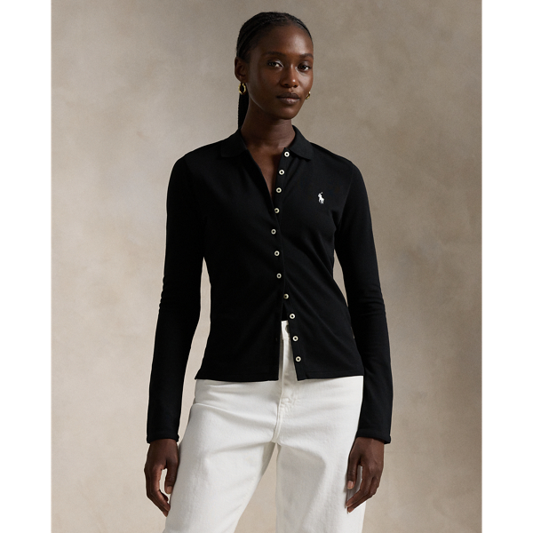 Buttoned Placket Long Sleeve Polo Shirt for Women Ralph Lauren PA