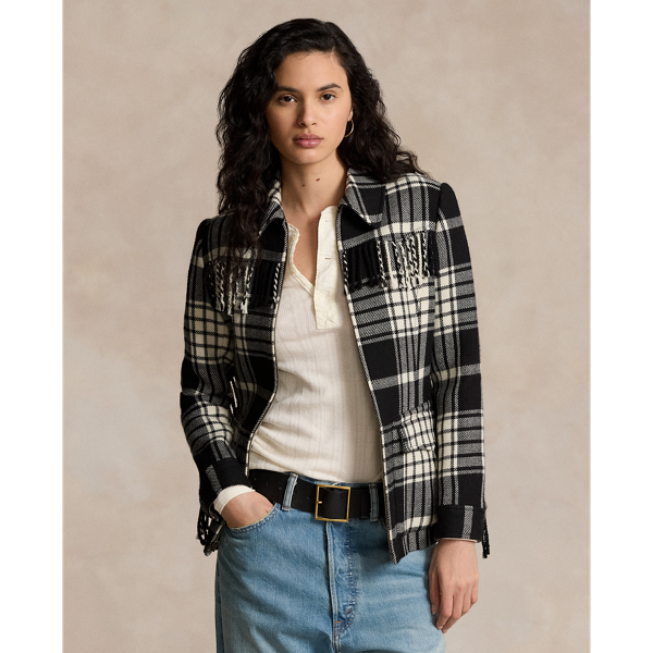 Plaid Fringe Trim Wool Jacket