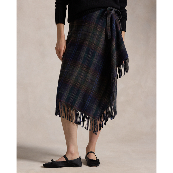 Fringe-Trim Plaid Wrap Skirt