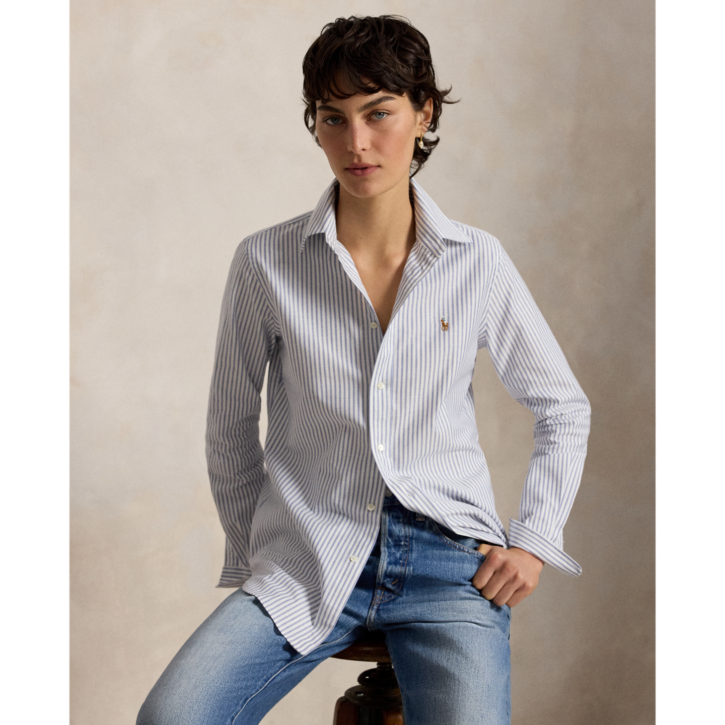 Женская рубашка Ralph Lauren Stretch Slim Fit Striped Oxford, цвет: Белый / Королевский синий — фото 4