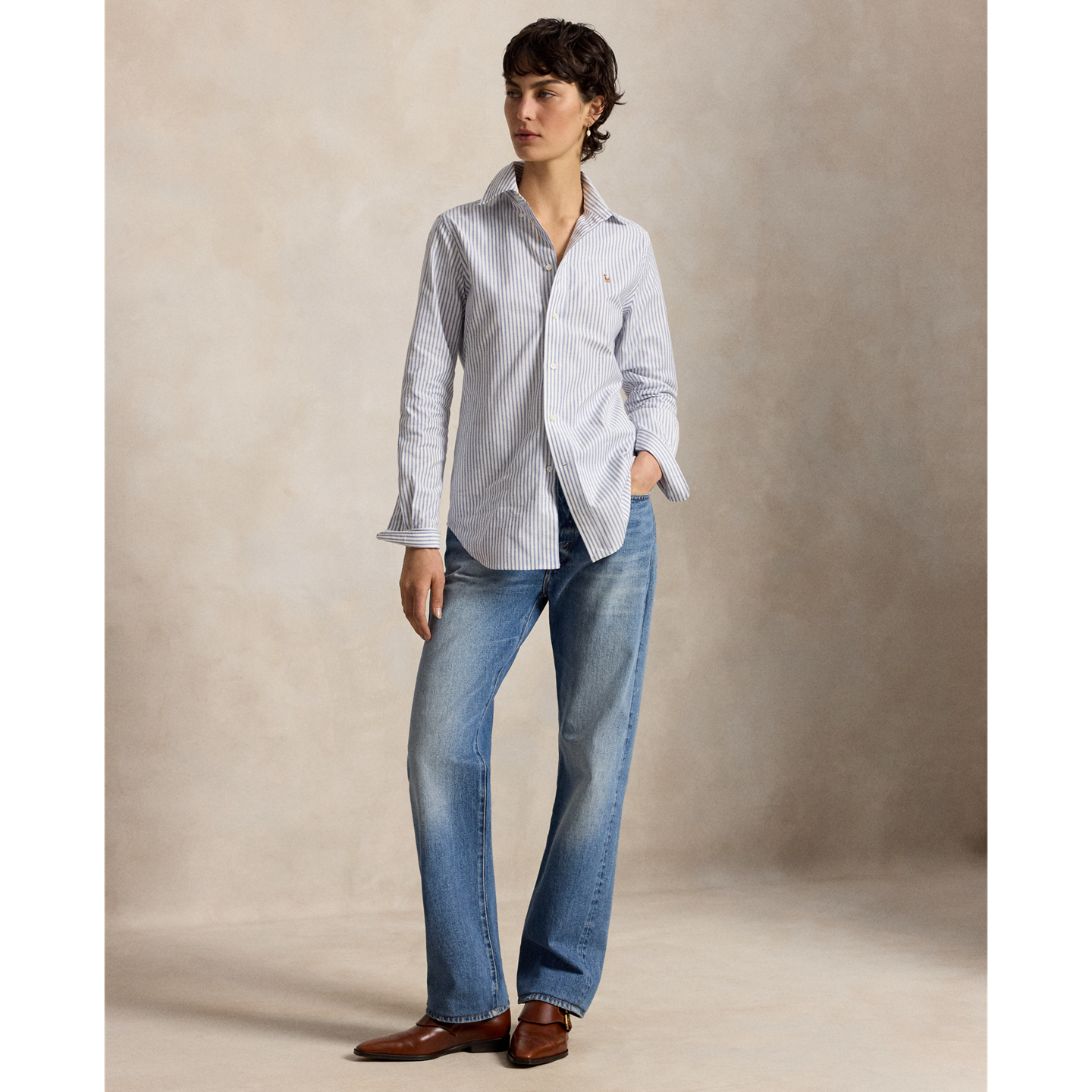 Женская рубашка Ralph Lauren Stretch Slim Fit Striped Oxford, цвет: Белый / Королевский синий — фото 1