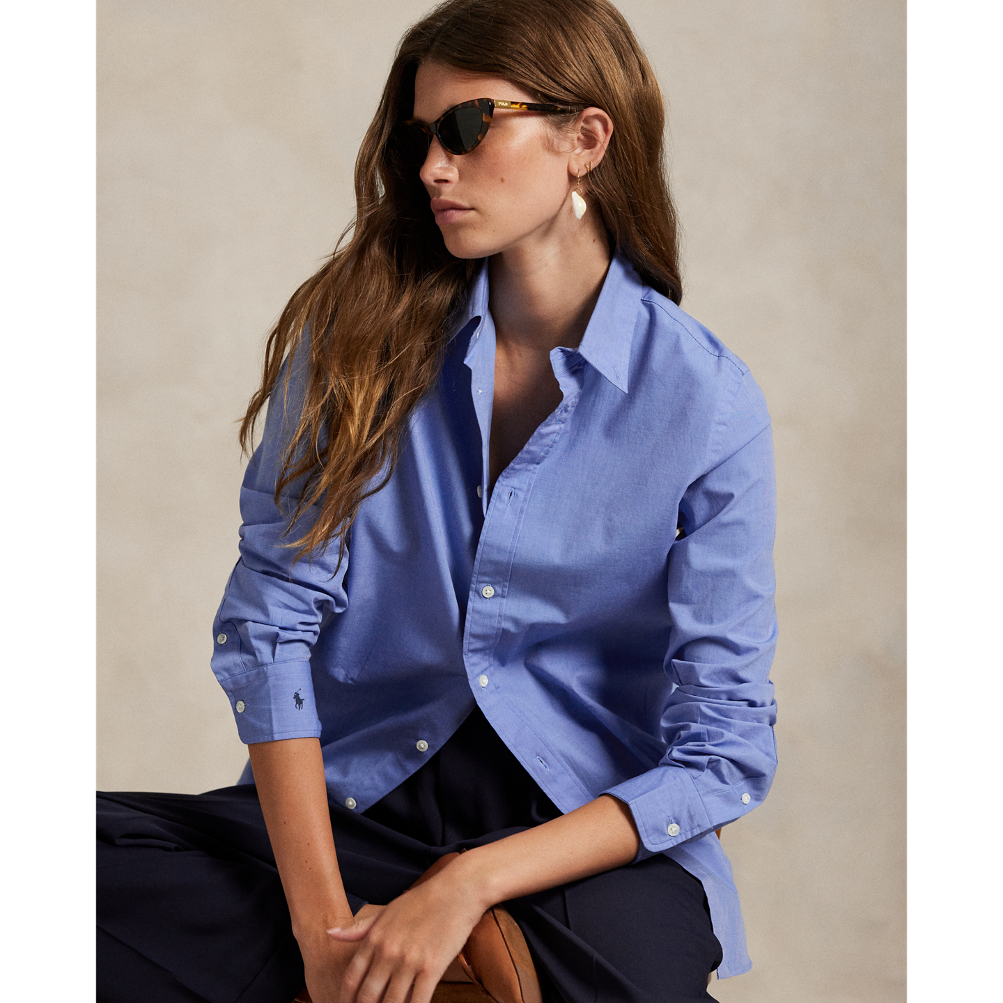 Женская рубашка Ralph Lauren End-On-End Stretch Slim Fit Cotton, цвет: Синий — фото 4