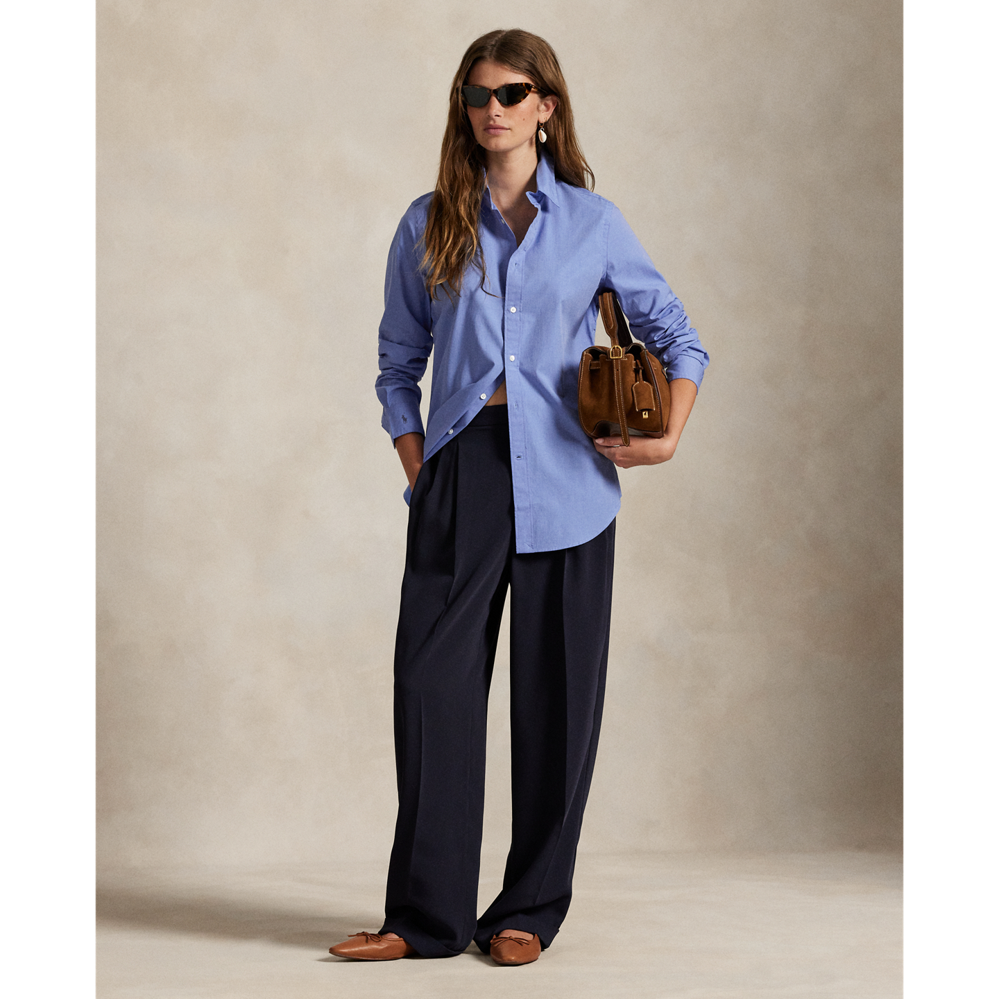 Женская рубашка Ralph Lauren End-On-End Stretch Slim Fit Cotton, цвет: Синий — фото 1