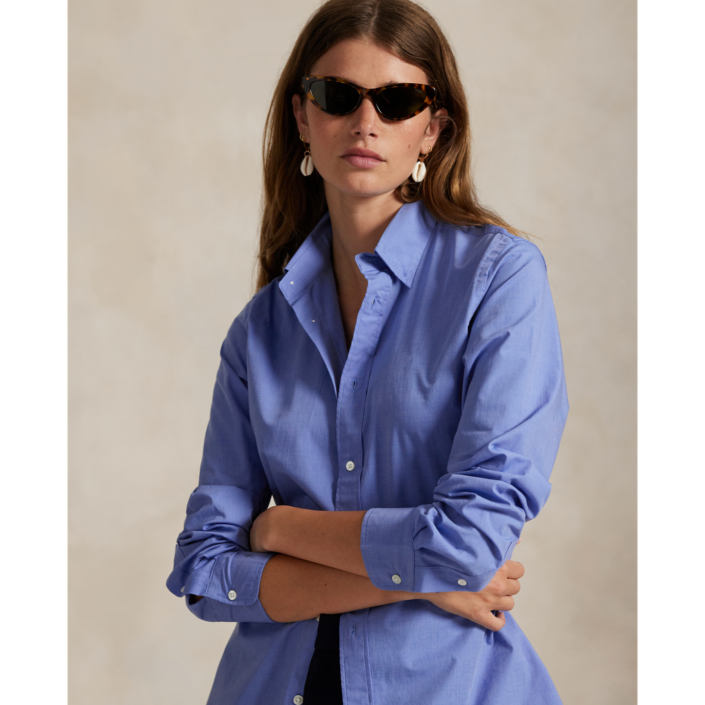 Женская рубашка Ralph Lauren End-On-End Stretch Slim Fit Cotton, цвет: Синий — фото 3