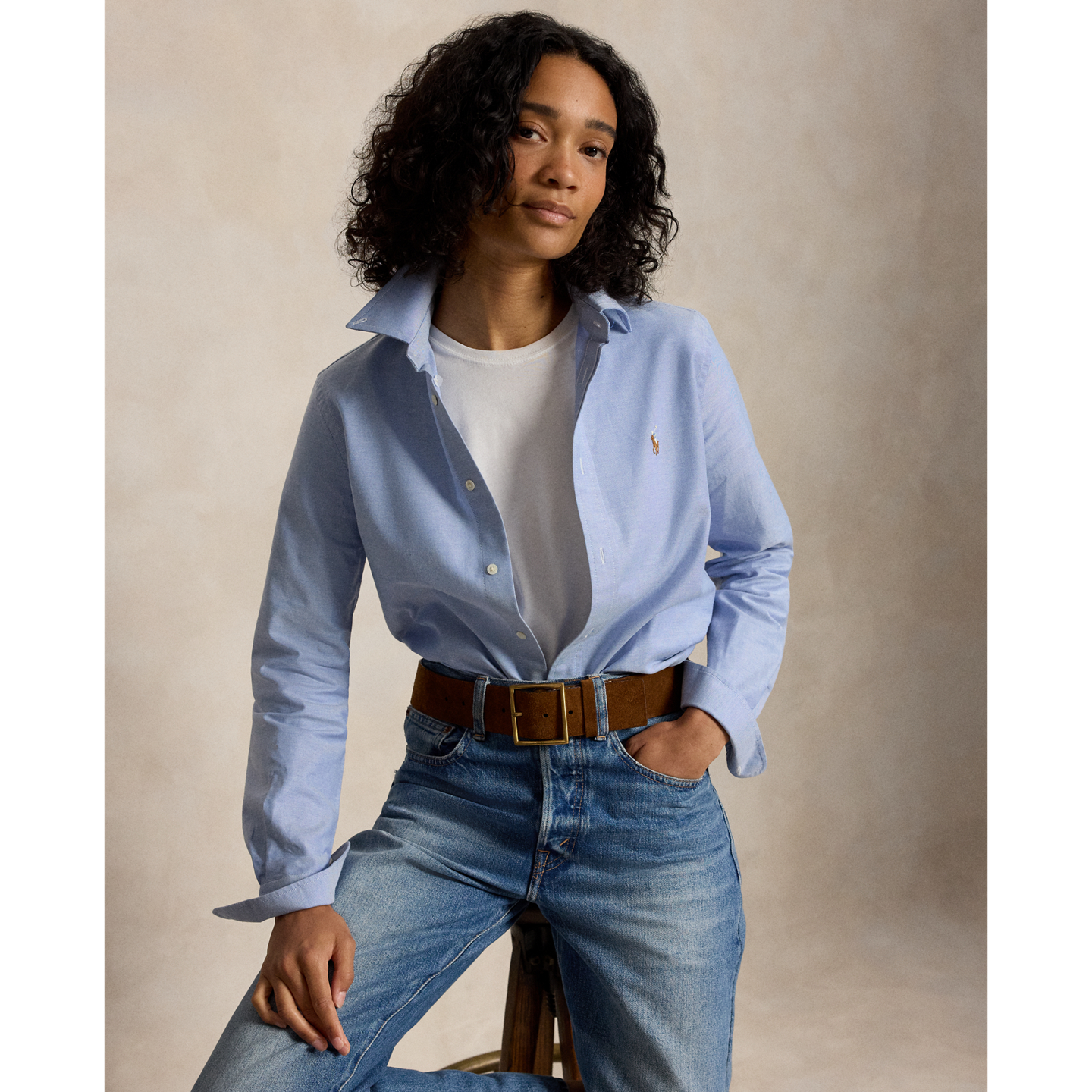 Женская рубашка Ralph Lauren The Iconic Stretch Slim Fit Oxford, цвет: Синий — фото 6