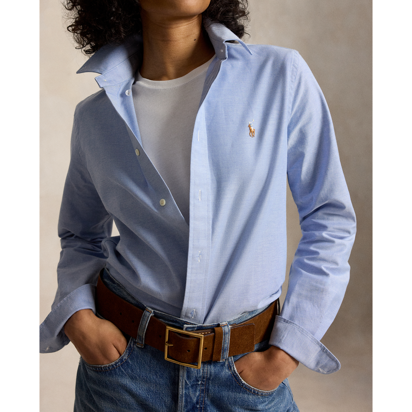 Женская рубашка Ralph Lauren The Iconic Stretch Slim Fit Oxford, цвет: Синий — фото 3