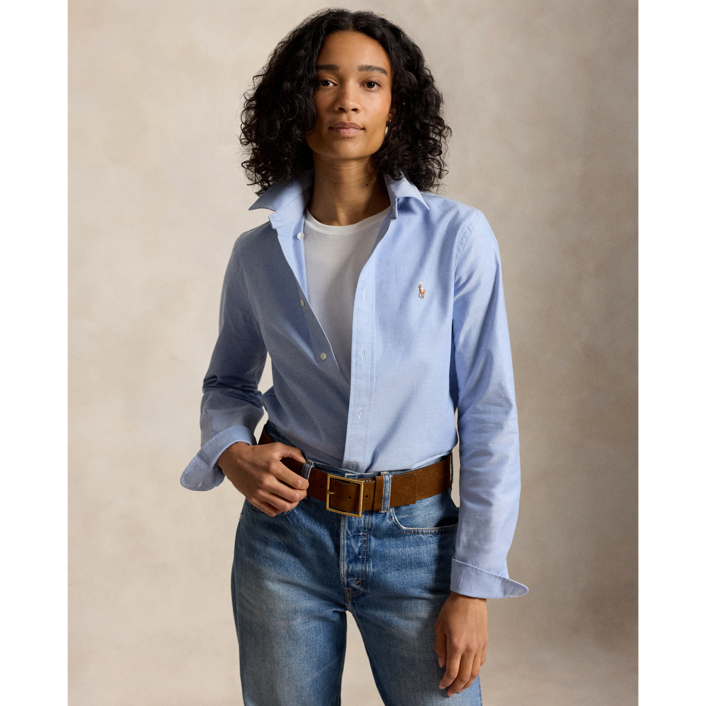 Женская рубашка Ralph Lauren The Iconic Stretch Slim Fit Oxford, цвет: Синий — фото 4