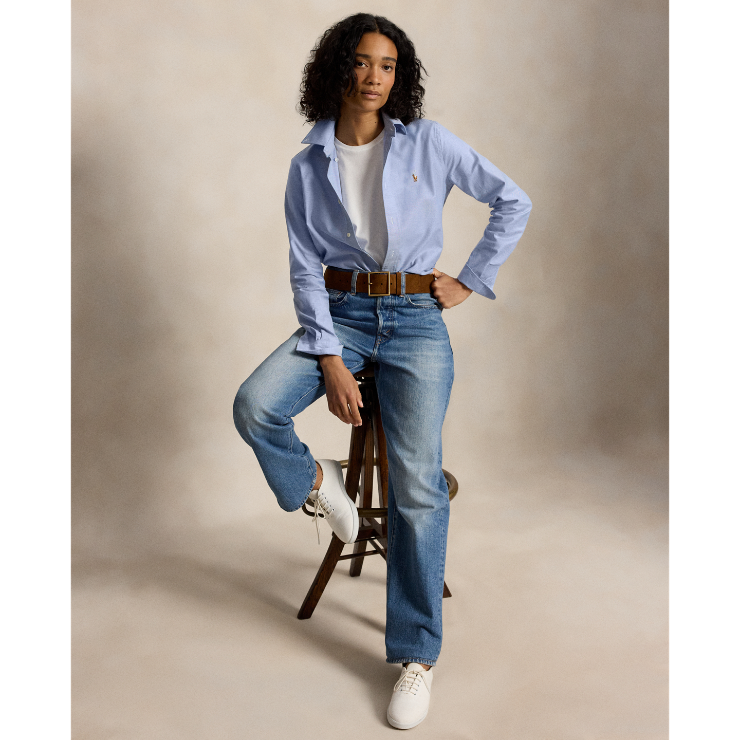 Женская рубашка Ralph Lauren The Iconic Stretch Slim Fit Oxford, цвет: Синий — фото 5