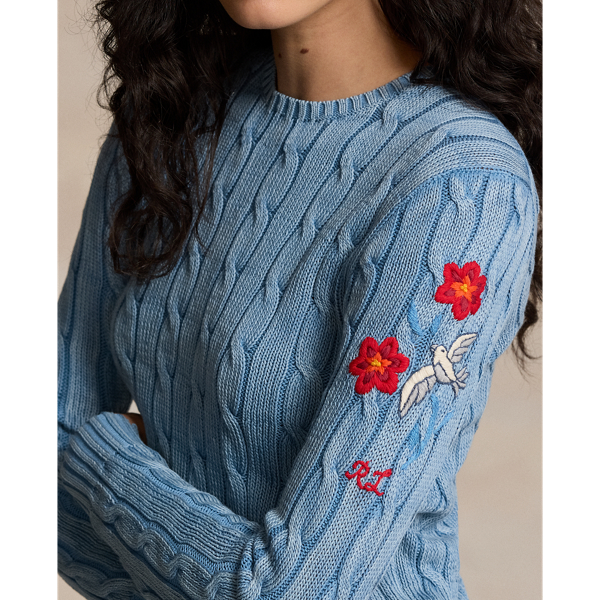 Embroidered Cable Knit Cotton Jumper for Women Ralph Lauren UK