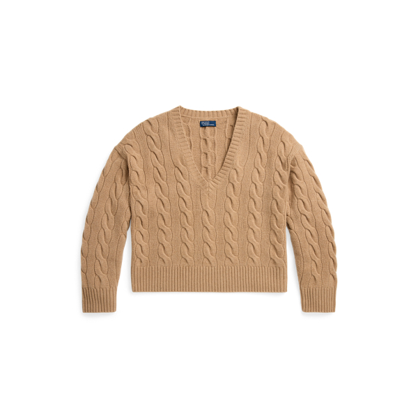 Cable Knit Wool Cashmere V Neck Jumper