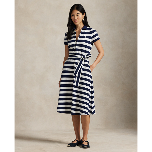Cruise Navy/White 條紋網眼 Polo 襯衫式連身裙 Polo Ralph Lauren 1