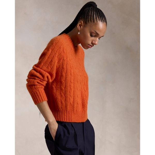 College Orange Heather Cable-Knit Wool-Blend Crewneck Sweater Polo Ralph Lauren 1