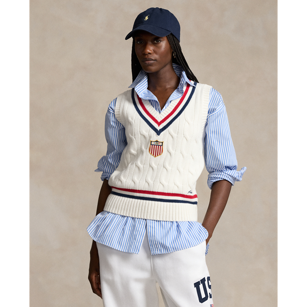 White/Ceramic White/Moss Team USA Cable-Knit Cricket Vest Polo Ralph Lauren 1