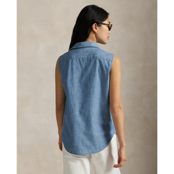 Dark Chambray Blue Cotton Chambray Sleeveless Shirt Polo Ralph Lauren 4
