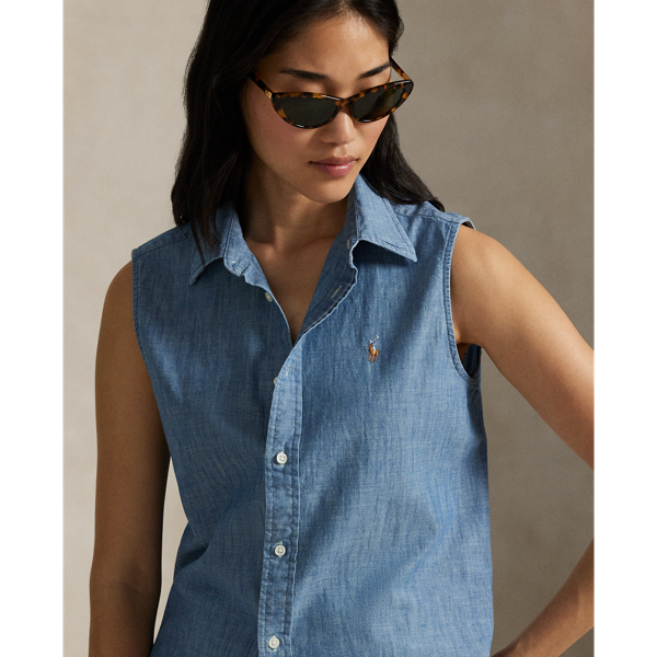Dark Chambray Blue Cotton Chambray Sleeveless Shirt Polo Ralph Lauren 5