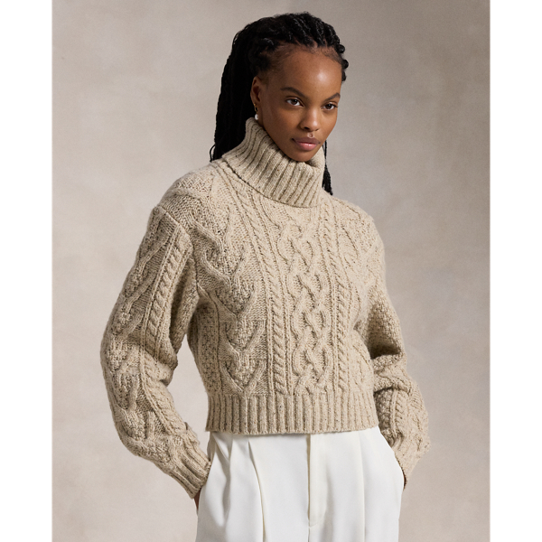 Cream Donegal Aran-Knit Merino Wool Turtleneck Polo Ralph Lauren 1