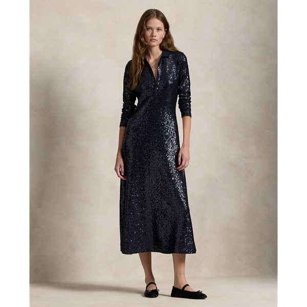 Sequinned Long Sleeve Polo Dress