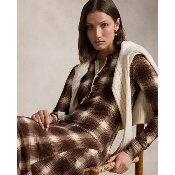 Plaid Waffle Knit Henley Dress