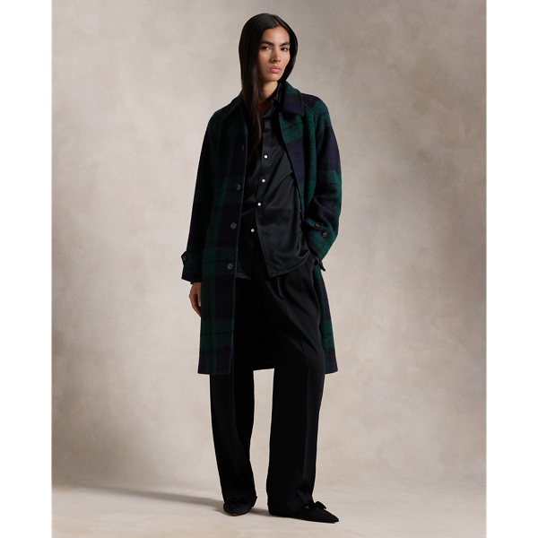 Belted Plaid Wool Herringbone Coat