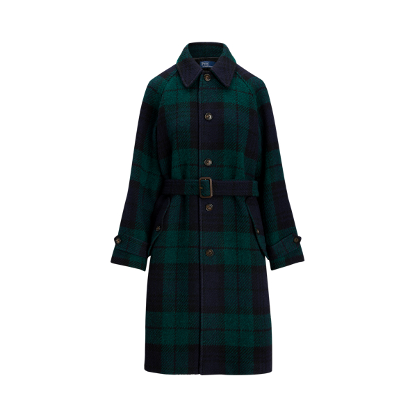 Belted Plaid Wool Herringbone Coat