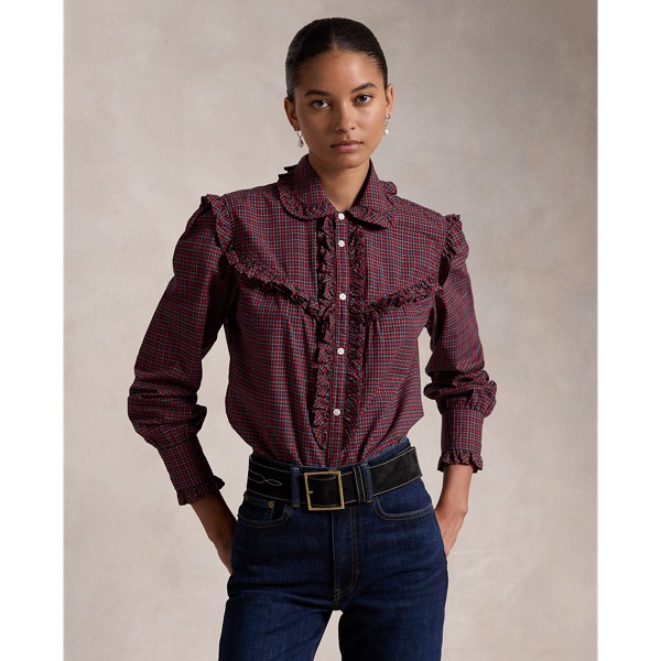 Ruffle-Trim Plaid Cotton Shirt