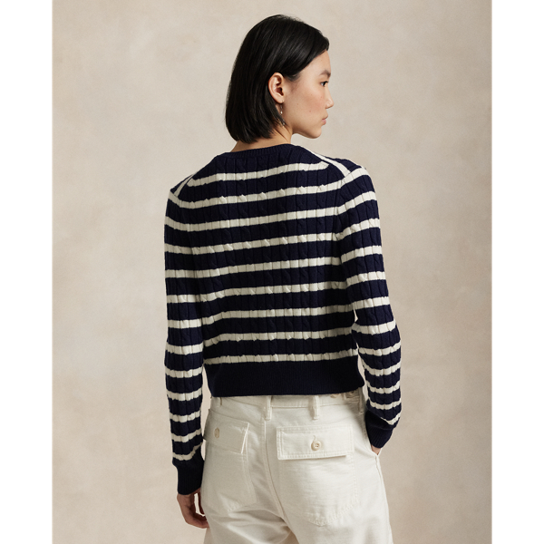 Hunter Navy/Cream Striped Cable-Knit Cropped Cardigan Polo Ralph Lauren 4