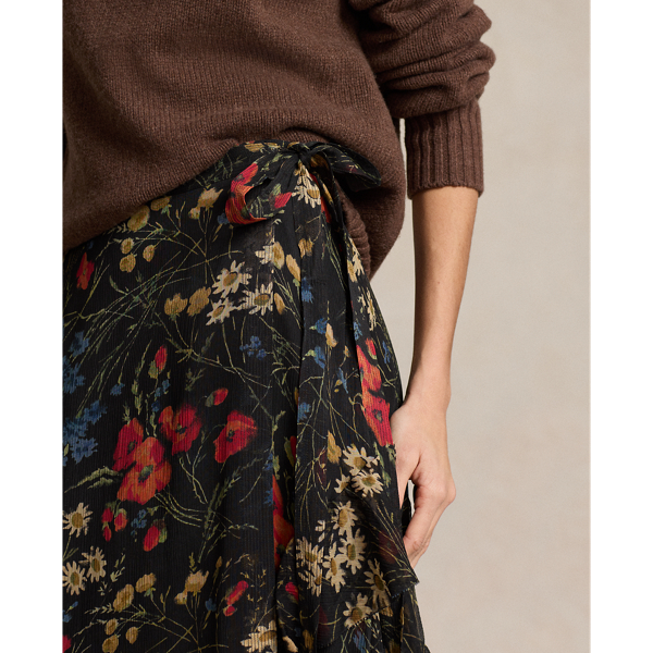 Floral Ruffle-Trim Georgette Wrap Skirt