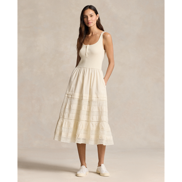 Lace-Trim Sleeveless Henley Dress