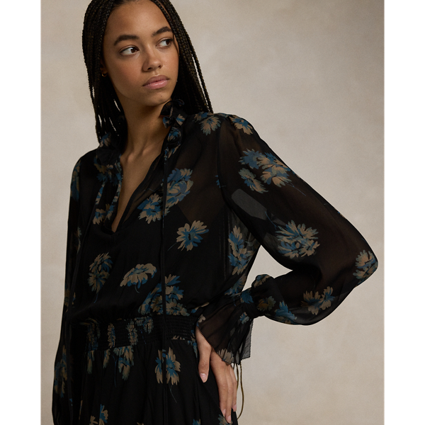 Robe volant&eacute;e en georgette fleurie Polo Ralph Lauren en Midnight Gardenia 6