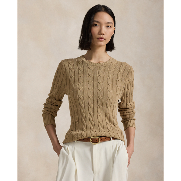 Tan Cable-Knit Crewneck Sweater Polo Ralph Lauren 1