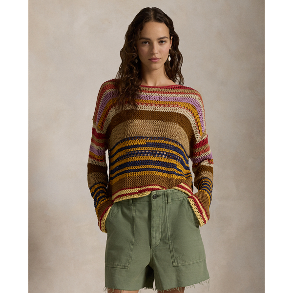 Striped Linen-Cotton Crocheted Jumper