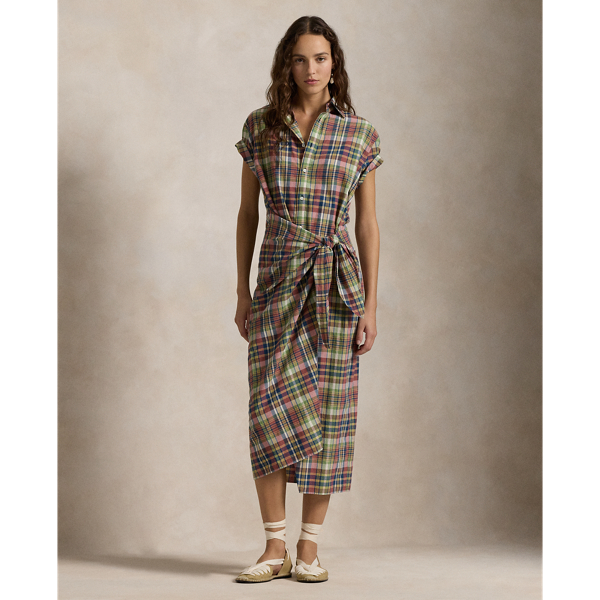 Plaid Cotton Faux-Wrap Shirtdress