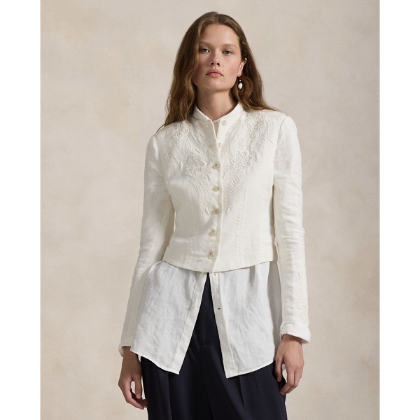 Floral-Embroidered Linen Jacket