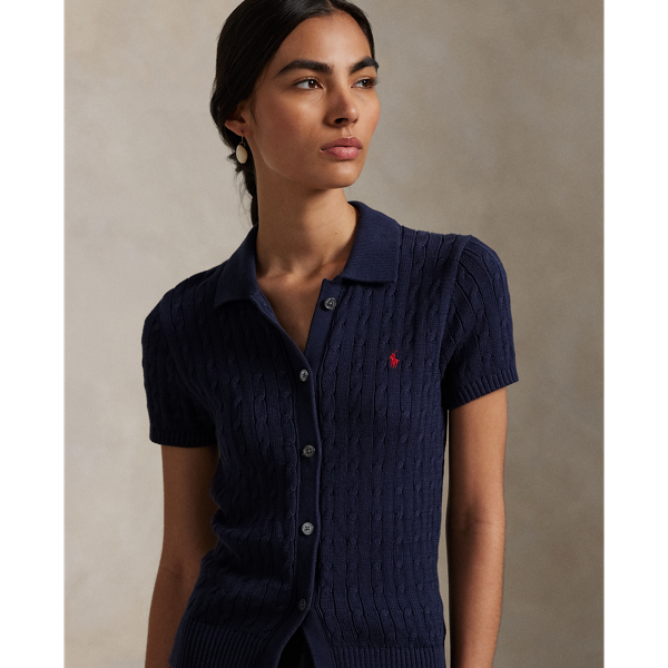 ケーブル コットン ショートスリーブ Polo カーディガン